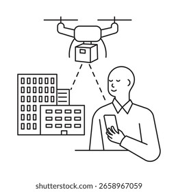 Esquema mínimo del dron que deja un paquete a una persona. Concepto de entrega sin contacto, comercio electrónico y logística rápida en la ciudad.
