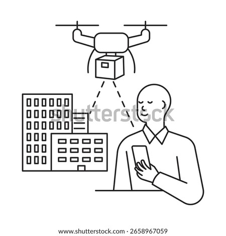 Minimal outline of drone dropping off a parcel to a person. Concept of contactless delivery, ecommerce, and fast logistics in city.