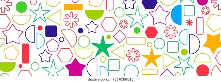 Plano de fundo ou banner de Padrão Contínuo Geométrico de Contorno Mínimo. Fundo de vetor de linha fina com estrelas, círculos e formas coloridas. Design simples e moderno para crianças, banners para web, moda.