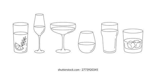 Minimal outline glassware collection including highball, beer glass, coupe, whiskey rocks glass with ice and citrus garnish, clean vector line art isolated on white