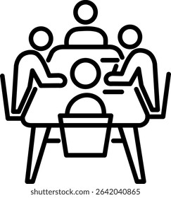 Minimal outline icon of 4 people around a table. Perfect for business teamwork, corporate meetings, or HR dashboards