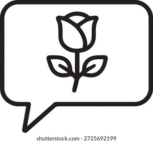 Icono de contorno mínimo de una burbuja de chat que contiene una simple rosa, que simboliza conversaciones románticas y mensajes emocionales.