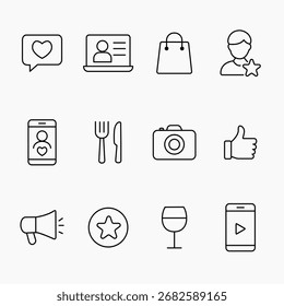 Colección de iconos de contorno mínimo con UGC, redes sociales, compras, Elementos de comida y estilo de vida, Ilustración vectorial