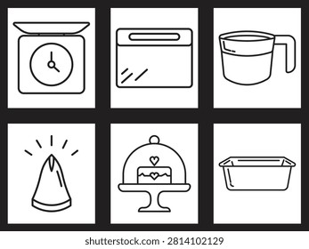 Minimal outline icon collection featuring bakery equipment including kitchen scale, measuring cup, pastry bag, cake stand, loaf pan and storage container. Clean vector style.