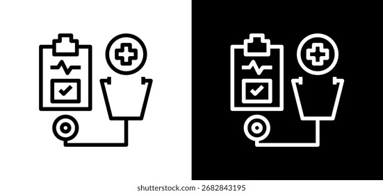 Um ícone de contorno mínimo com um estetoscópio conectado a uma área de transferência com um registro médico e um pulso cardíaco verificado, simbolizando um checkup médico, diagnóstico de saúde ou relatório positivo do paciente.
