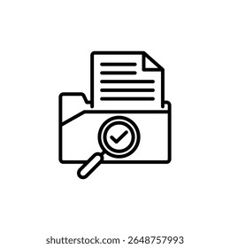 Minimal outline icon of file sharing and folder management with magnifying glass. Vector Illustration.