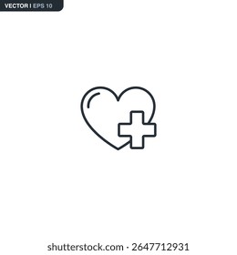 Minimal outline icon of a heart with a medical cross inside. Represents healthcare, medical care, emergency aid, and cardiology.