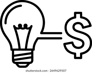 Minimal outline icon of a light bulb connected to a dollar sign, representing innovative financial ideas, business planning, and creative investment