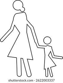 Minimal outline icon of a mom and child walking hand in hand. Perfect for Mother’s Day, parenting, family love, emotional connection, and child care-themed designs. Mother and Child Walking Outline