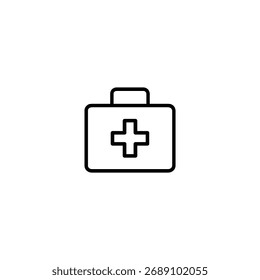 Icono de contorno mínimo de un botiquín de primeros auxilios portátil con una cruz médica en el frente en un estilo geométrico. Perfecto para atención médica y visuales de emergencia.