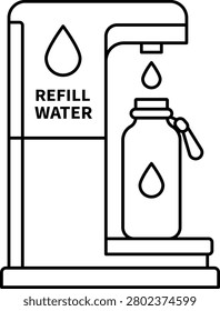 Minimal outline icon of public drinking water refill station promoting reusable bottle filling, clean hydration, and plastic waste reduction.