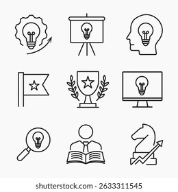 Conjunto de iconos de contorno mínimo para soluciones comerciales creativas para ideas, trabajo en equipo, objetivos, conceptos de innovación y estrategia, Ilustración vectorial