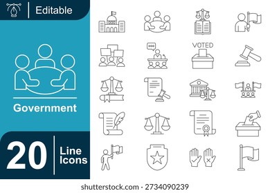Minimal outline icon set depicting government concepts such as public institutions, law, justice, voting, and civic participation. Consistent line weight makes the icons ideal for editorial and informational use.