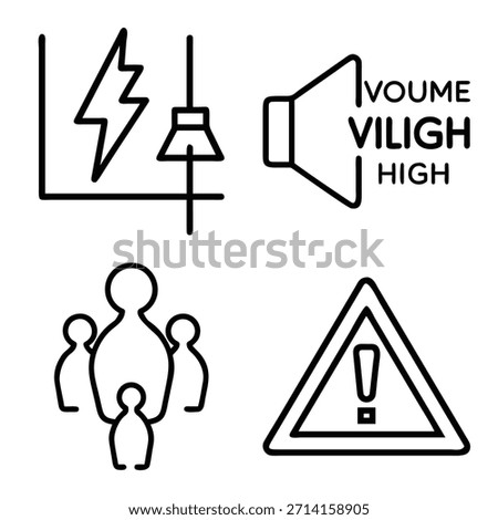 Minimal Outline Icon Set Featuring Electric Power Symbol, High Volume Speaker, Group of People, and Warning Alert Triangle in Line Style Isolated on White Background for Web, App, and UI Design