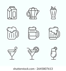 Conjunto de ícones de contorno mínimo de bebidas populares, incluindo canecas de cerveja, coquetéis, caixas de leite, potes de café e milkshakes. Ideal para design de menu, interface de usuário de bar, aplicativos de entrega de alimentos e projetos de marca