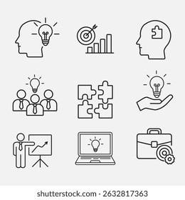 Minimal outline icon set representing creative business solutions ideas, teamwork, goals, innovation and strategy concepts, vector illustration