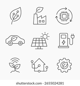 Minimal outline icon set representing green tech, sustainability, electric vehicles, renewable energy and smart eco solutions, vector illustration
