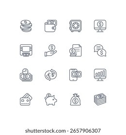 Minimal outline icon set representing key finance and banking concepts: payments, savings, deposits, transactions, investments, analytics, wallets, credit cards, and money transfers.