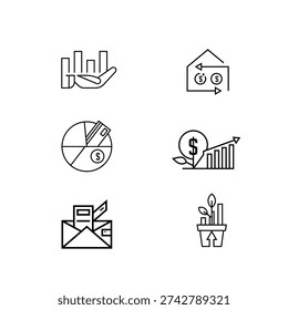 Minimal outline icon set representing finance, investment growth, analytics and marketing: hand-held bar chart, house cash flow, pie chart with card, profit growth with leaf, mail with documents and potted growth.