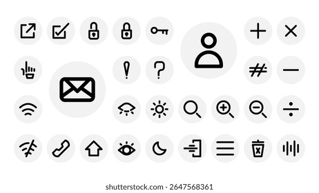 Minimal outline icon set for UI elements like navigation, brightness, security, search, math symbols, and general app functions.