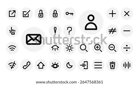 Minimal outline icon set for UI elements like navigation, brightness, security, search, math symbols, and general app functions.
