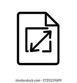 Minimal outline icon showing a document with diagonal resize arrows. Ideal for UI, web apps, file management, scaling, zoom, responsive design, and interface concepts. Clean, modern, monochrome style.