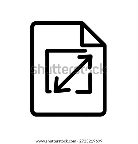 Minimal outline icon showing a document with diagonal resize arrows. Ideal for UI, web apps, file management, scaling, zoom, responsive design, and interface concepts. Clean, modern, monochrome style.