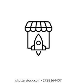 Minimal Outline Icon Of A Startup Store Launching A Rocket For Business Growth