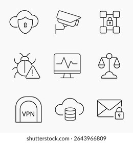 Ícones mínimos de estrutura de tópicos representando segurança cibernética, serviços em nuvem, proteção de dados e infraestrutura de tecnologia, ilustração vetorial