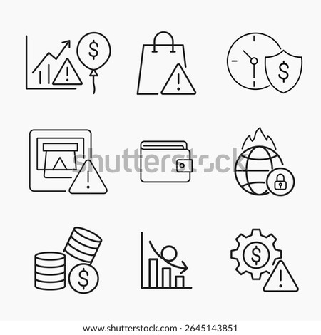 Minimal outline icons representing economic risk, inflation and global financial crisis concepts, Perfect for finance, business and global economy content, vector illustration