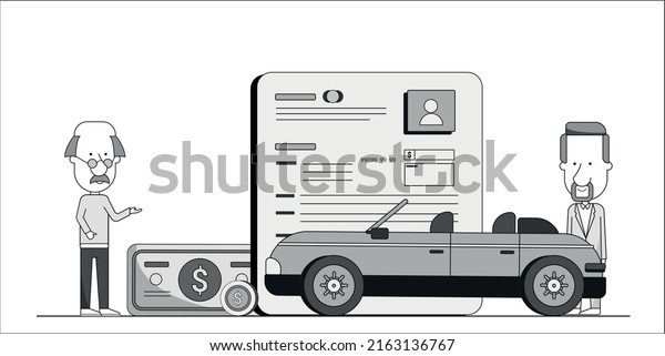 Minimal outline illustration of car and\
contract, concept of car loan, rent, finance\
