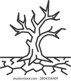 Minimal outline illustration of a dead tree standing on cracked dry soil, representing drought, desertification, climate change, water scarcity, and environmental degradation