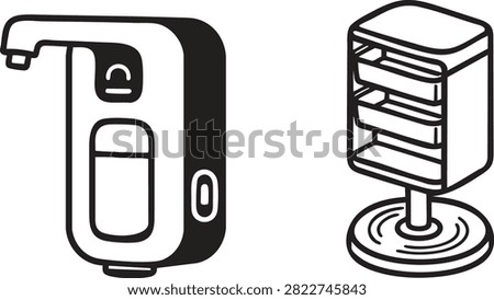Minimal outline illustration featuring a touchless automatic soap dispenser and a rolling salon storage trolley. Suitable for hygiene, beauty salon, healthcare, and cleaning service concepts.