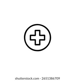 A minimal outline of a medical cross (plus sign) enclosed within a perfect circle, for first aid concepts.