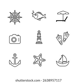 Minimal Outline Nautical and Beach Icons Set Illustration Design.