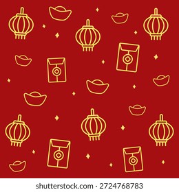 Padrão de contorno mínimo de lanternas chinesas, envelopes vermelhos e lingotes de ouro espalhados por um fundo vermelho profundo. Perfeito para a marca elegante do Ano Novo Lunar, embalagem festiva e desenhos de férias tradicionais.