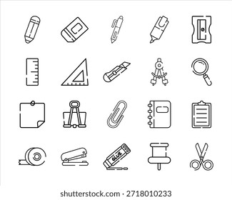 Iconos de herramientas escolares y de oficina de contorno mínimo