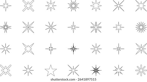 Minimal outline starburst and sparkle vector icons set on white background. Perfect for modern UI UX, clean design, digital highlights, line art decorations, and elegant illustrations. Vector Icon set