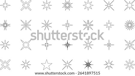 Minimal outline starburst and sparkle vector icons set on white background. Perfect for modern UI UX, clean design, digital highlights, line art decorations, and elegant illustrations. Vector Icon set