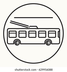 Minimal outline trolleybus icon, linear public city transport symbol, trolley 