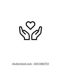 A minimal outline of two cupped hands holding a heart, symbolizing love, care, charity, and support.