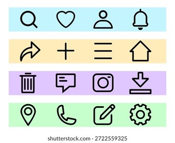Minimal outline UI icon set with essential interface symbols for modern web and mobile applications.