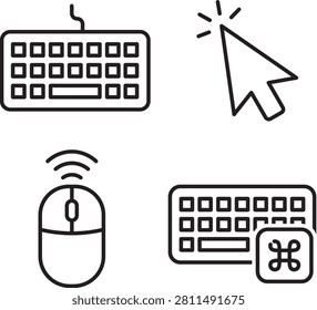 Minimal outline vector icon set featuring keyboard, mouse, cursor pointer and keyboard shortcut. Perfect for user interface design, computer controls, software tutorials and productivity applications.
