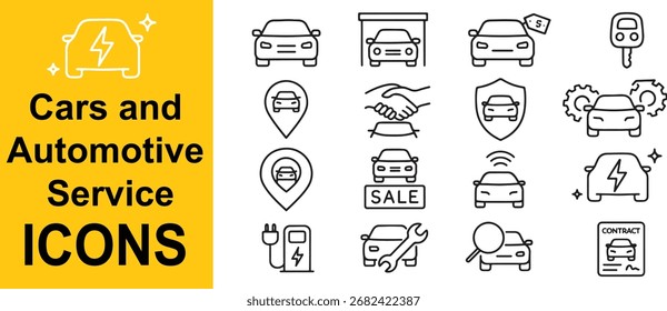 "Minimal Outline Vetor Icons Set of Cars and Automotive Services for Rental, Sales, Repair, and Insurance" (Conjunto mínimo de ícones vetoriais para carros e serviços automotivos para aluguel, vendas, reparo e seguro)