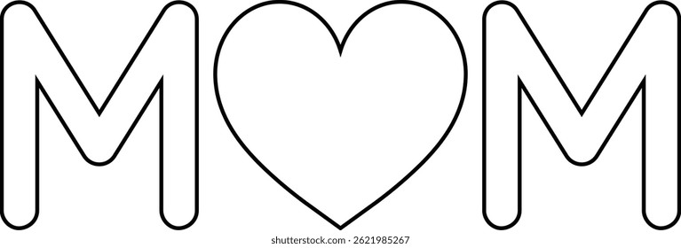 Minimal outline-style icon of the word "MOM". Ideal for Mother's Day greeting cards, posters, stickers, and love-themed graphic design in clean black and white line style. MOM Lettering Outline Icon 
