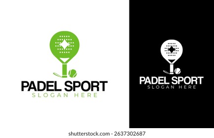 Minimal padel sport logo design. Paddle tennis symbol with star, racket, ball concept. Sports vector template