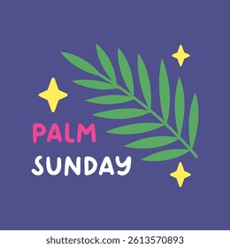 Minimal Palm Leaf Design with Palm Sunday Lettering and Stars on Solid Background