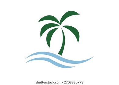 Minimal Palm Tree Beach Icon - Tropisches Inselsymbol mit Meereswellen auf weißem Hintergrund.