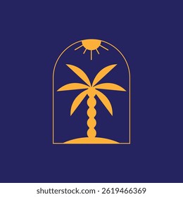 Design de logotipo mínimo da palmeira com ícone do sol, símbolo de férias tropicais, azul marinho e tema de cor amarela