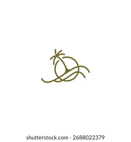 Logotipo mínimo de la palmera y de la onda en estilo marrón del arte de la línea en el fondo blanco
